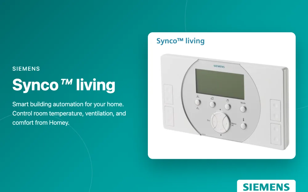 Siemens Synco Living for Homey: The app's listing image in the Homey App Store: control room temperature, ventilation and comfort from Homey.