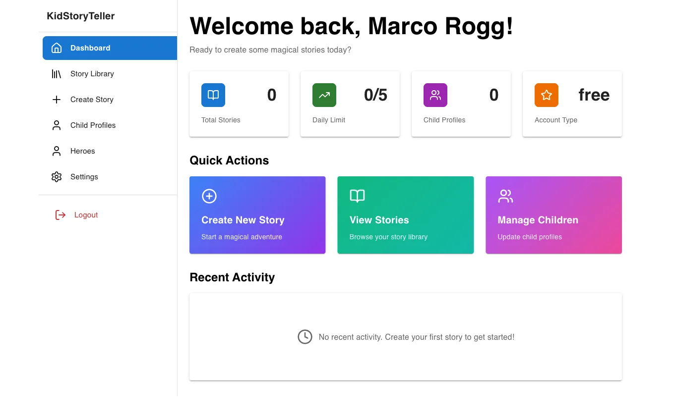 Märchen Meister: The dashboard of an early version: stories created, the daily limit, child profiles and quick actions.