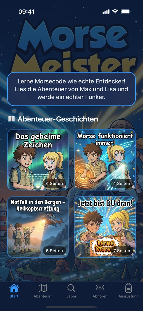 Morse Meister: The home screen with the title art, a short welcome and four illustrated comic adventures starring Max and Lisa.