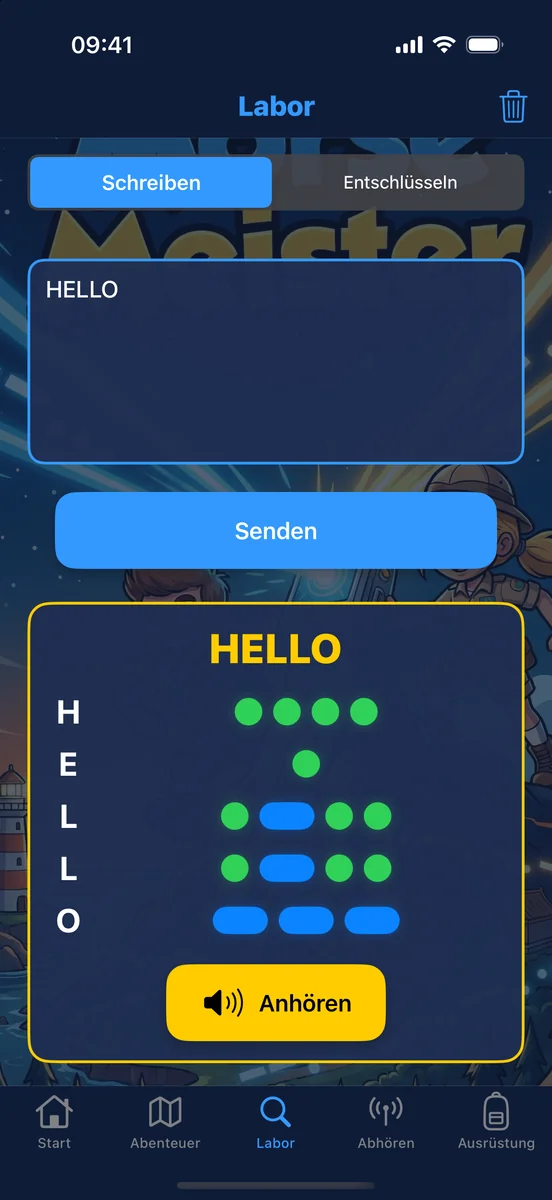 Morse Meister: The word HELLO typed in the lab and turned into Morse, each letter shown as dots and dashes.