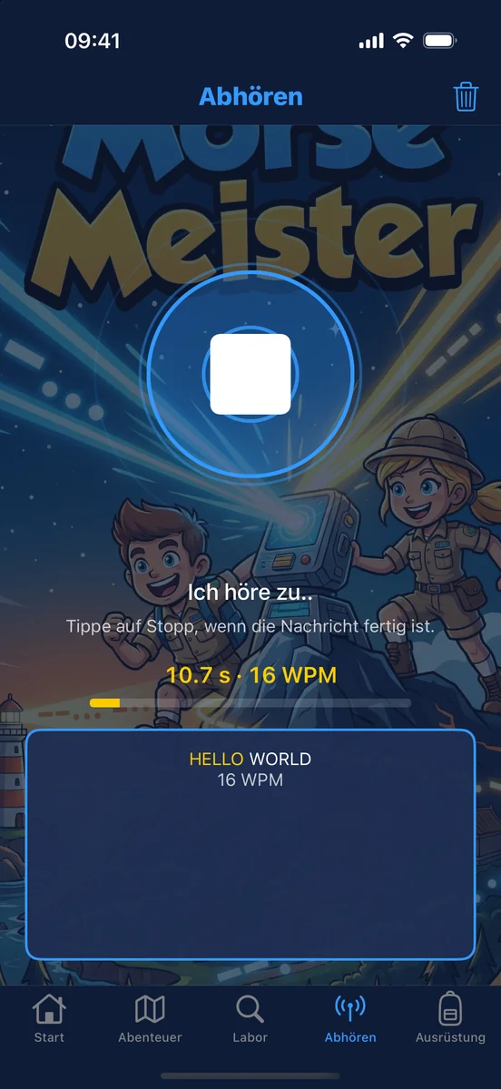 Morse Meister: The app listens through the microphone, turns Morse tones into the text HELLO WORLD live and detects the speed.