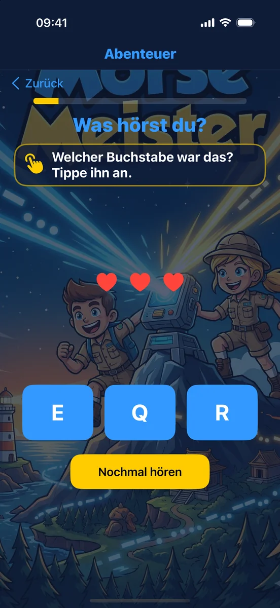Morse Meister: A learning quiz: hear a Morse sound and tap the matching letter, with three hearts as lives.