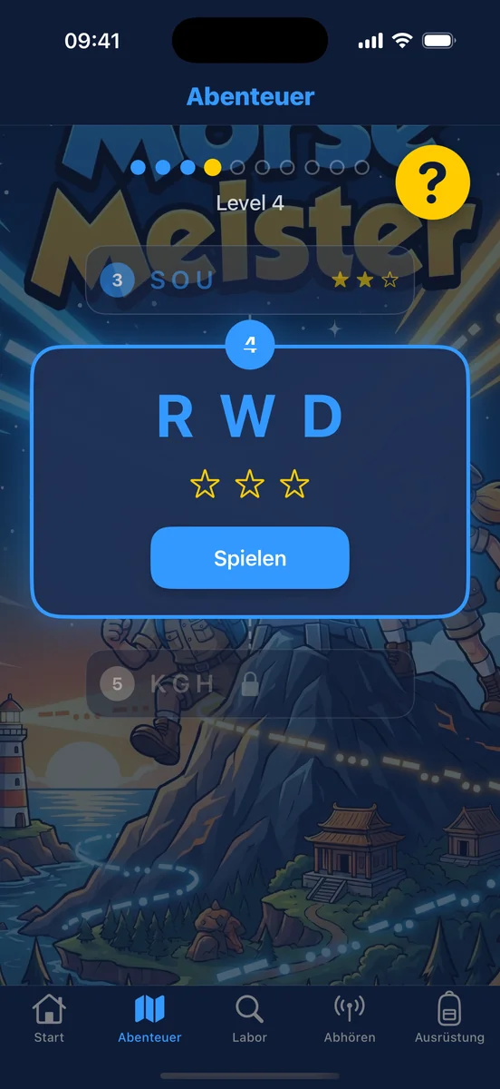 Morse Meister: Levels 1 to 3 done with stars earned, level 4 is next and later levels stay locked.